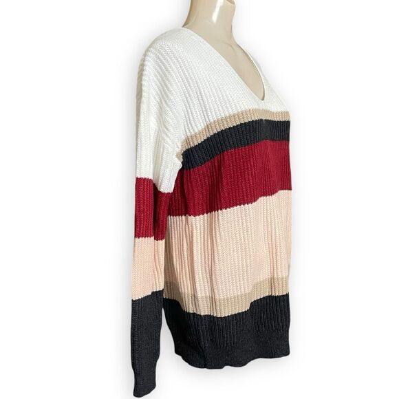 Alelly Color Block Wide Stripe Relaxed Fit V-Neck Ribbed Knit Sweater NWOT - Picture 6 of 13